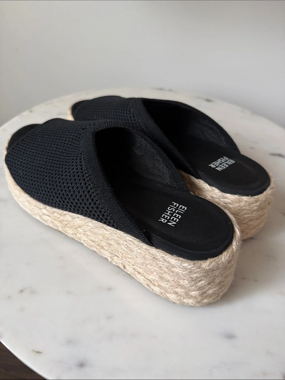 Eileen Fisher Black Mesh Espadrille Slides with Natural Jute Sole